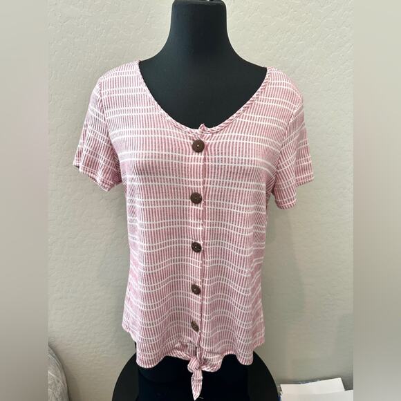 NY COLLECTION | Pink & White Striped Textured V-Neck Short Sleeve Top | Large - Picture 2 of 7